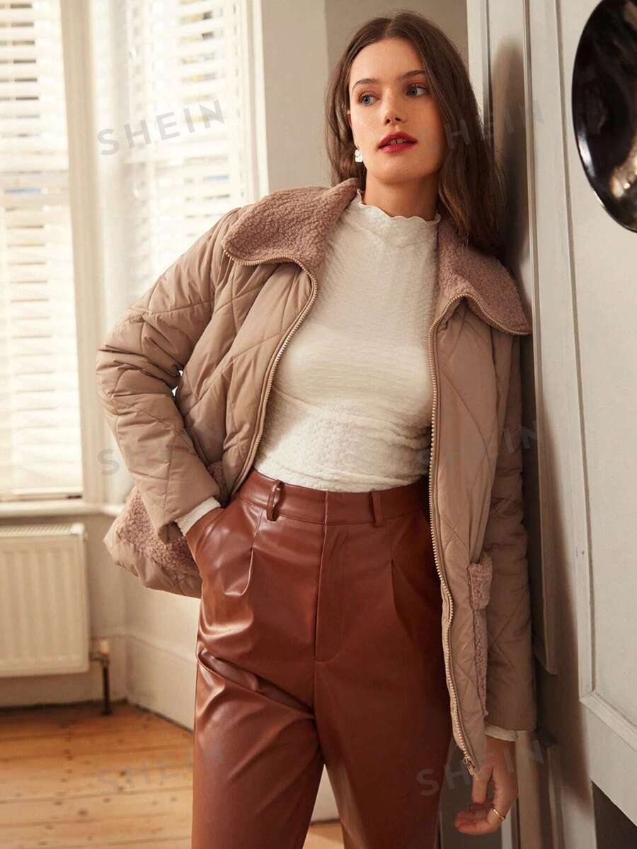 SHEIN Frenchy سترة معطف مبطن بتصميم بياقة مرقعة وجيب للنساء