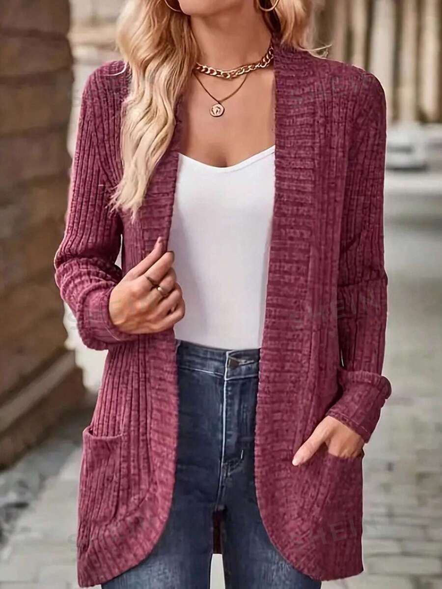 SHEIN Relaxiva سترة نسائية مضلعة طويلة الأكمام مفتوحة من الأمام