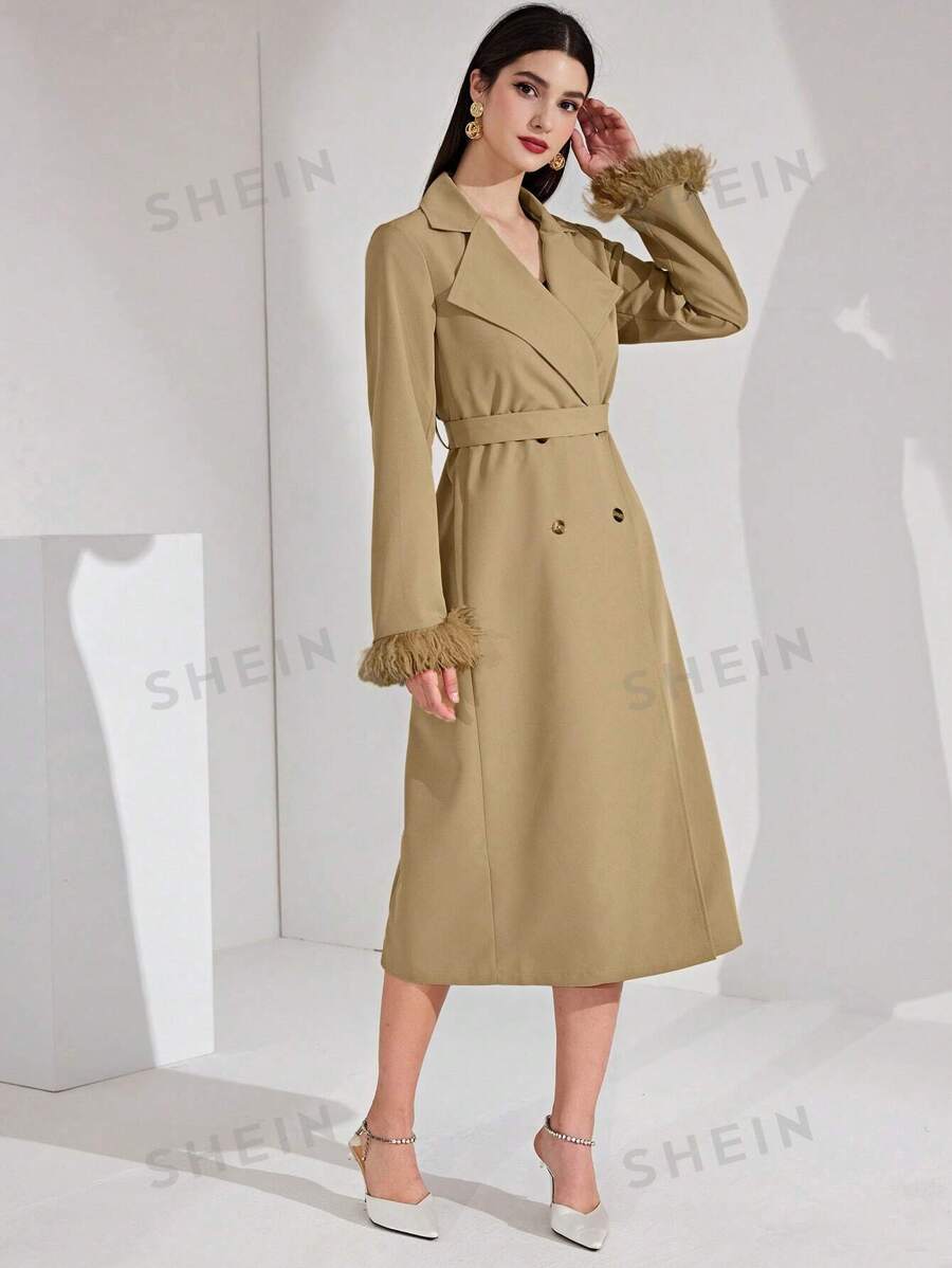 SHEIN Modely معطف نسائي بأزرار مزدوجة وأصفاد بكرات شعر مع تصميم لوحة الأقمشة المختلطة