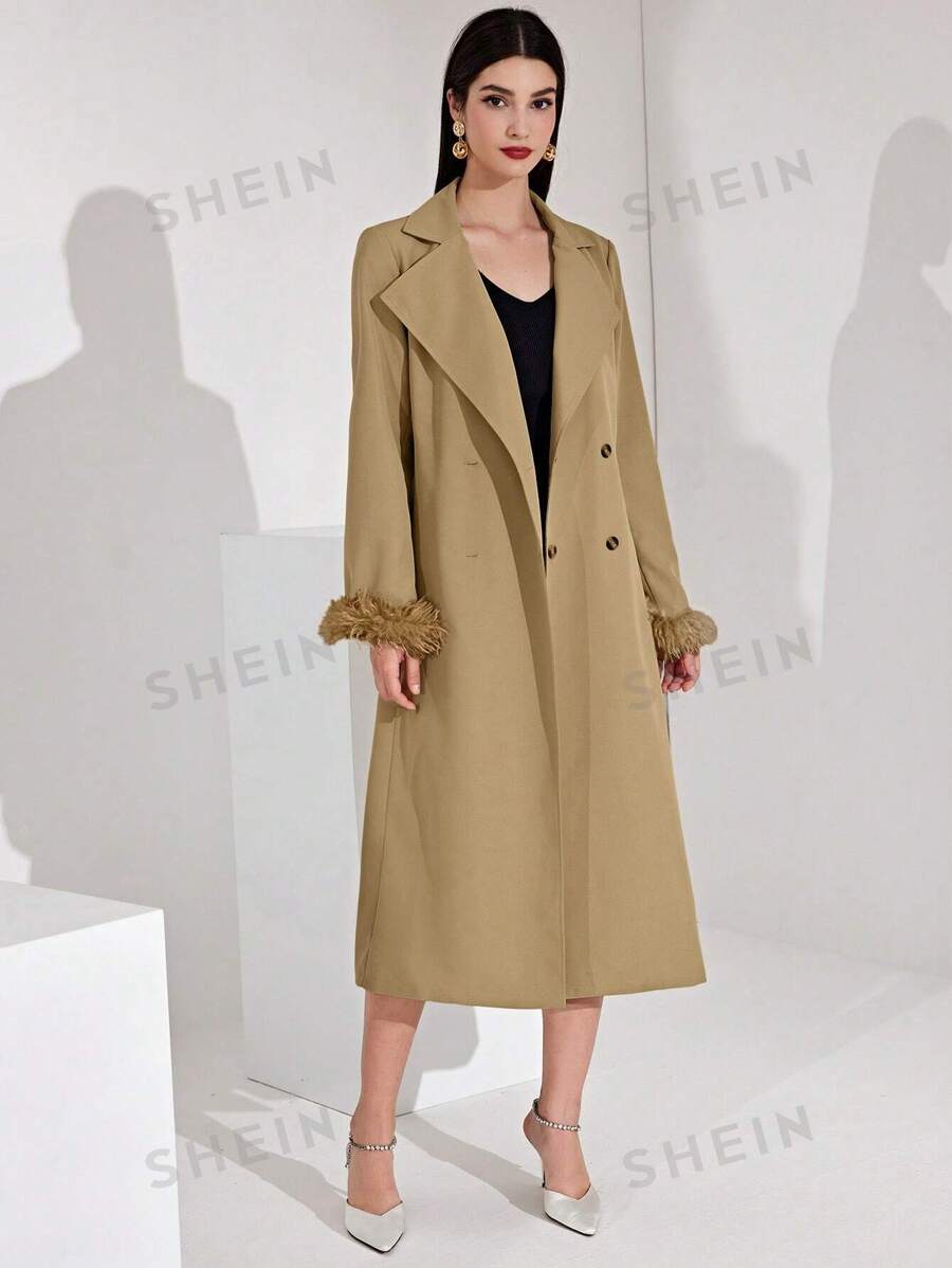 SHEIN Modely معطف نسائي بأزرار مزدوجة وأصفاد بكرات شعر مع تصميم لوحة الأقمشة المختلطة