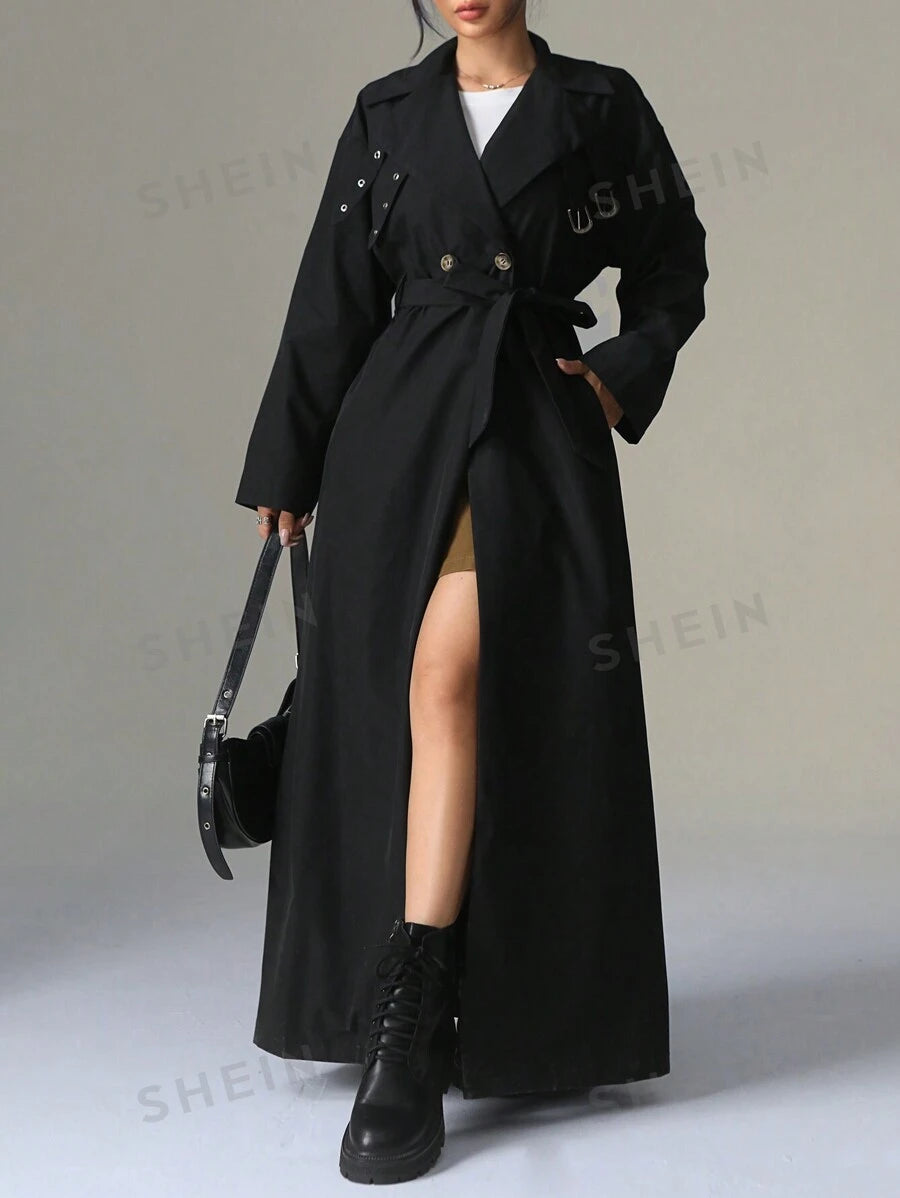 SHEIN EZwear ريشة طويلة إضافية صلبة اللون مزدوجة الصدر أكمام طويلة