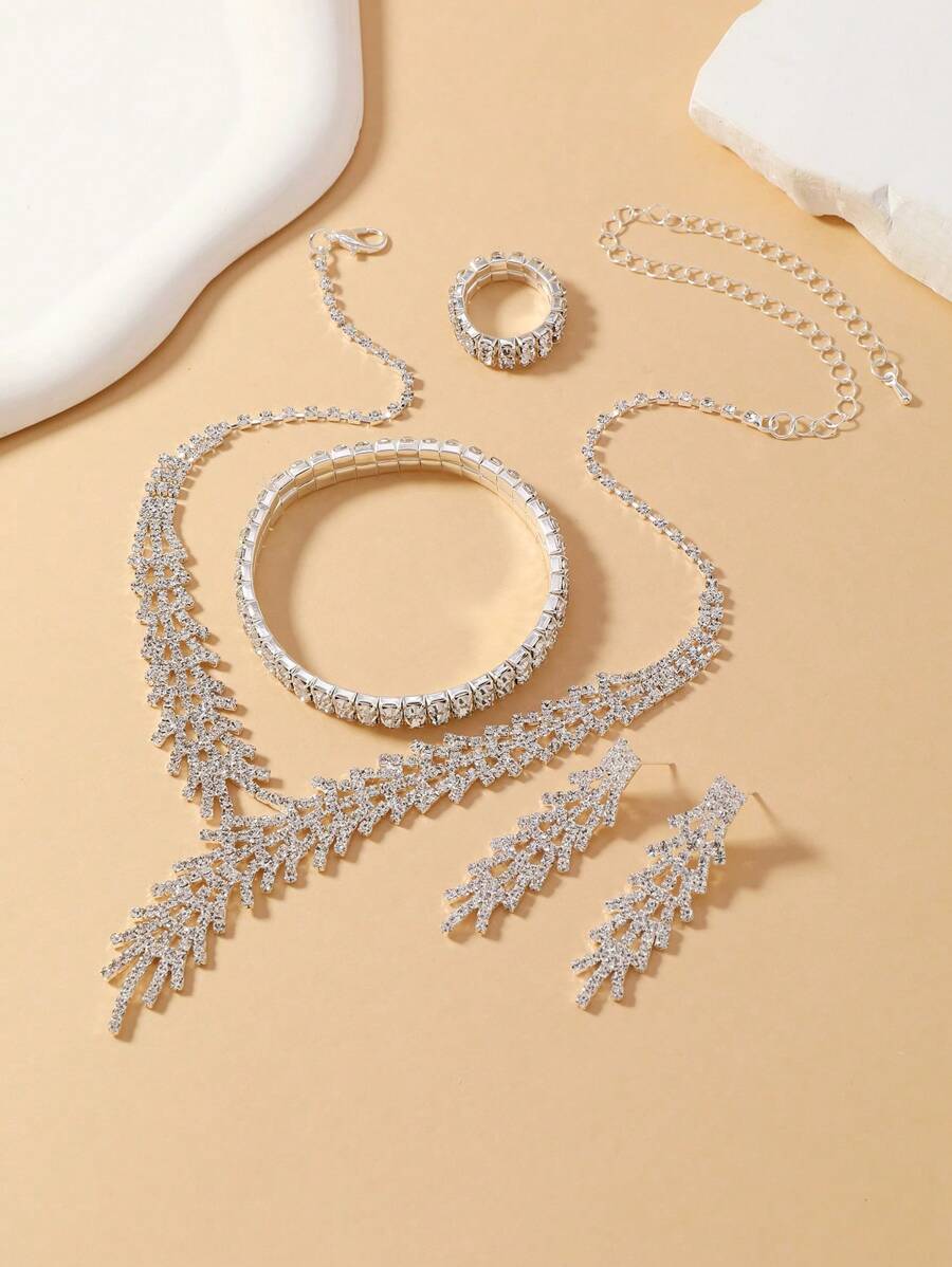 SHEIN طقم 4 قطع كريستال بتصميم تاج (قلادة، أقراط، خاتم، سوار)