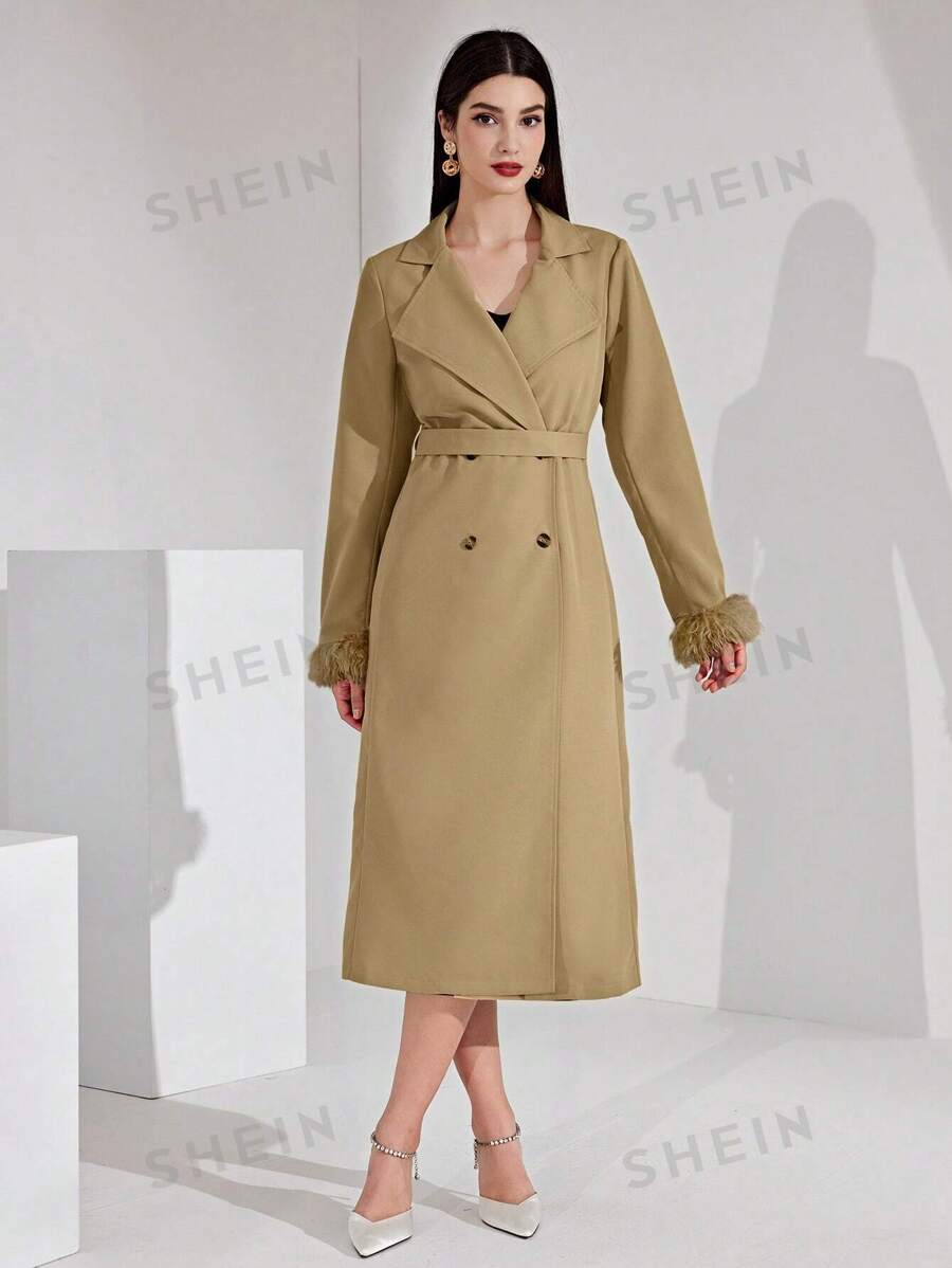 SHEIN Modely معطف نسائي بأزرار مزدوجة وأصفاد بكرات شعر مع تصميم لوحة الأقمشة المختلطة