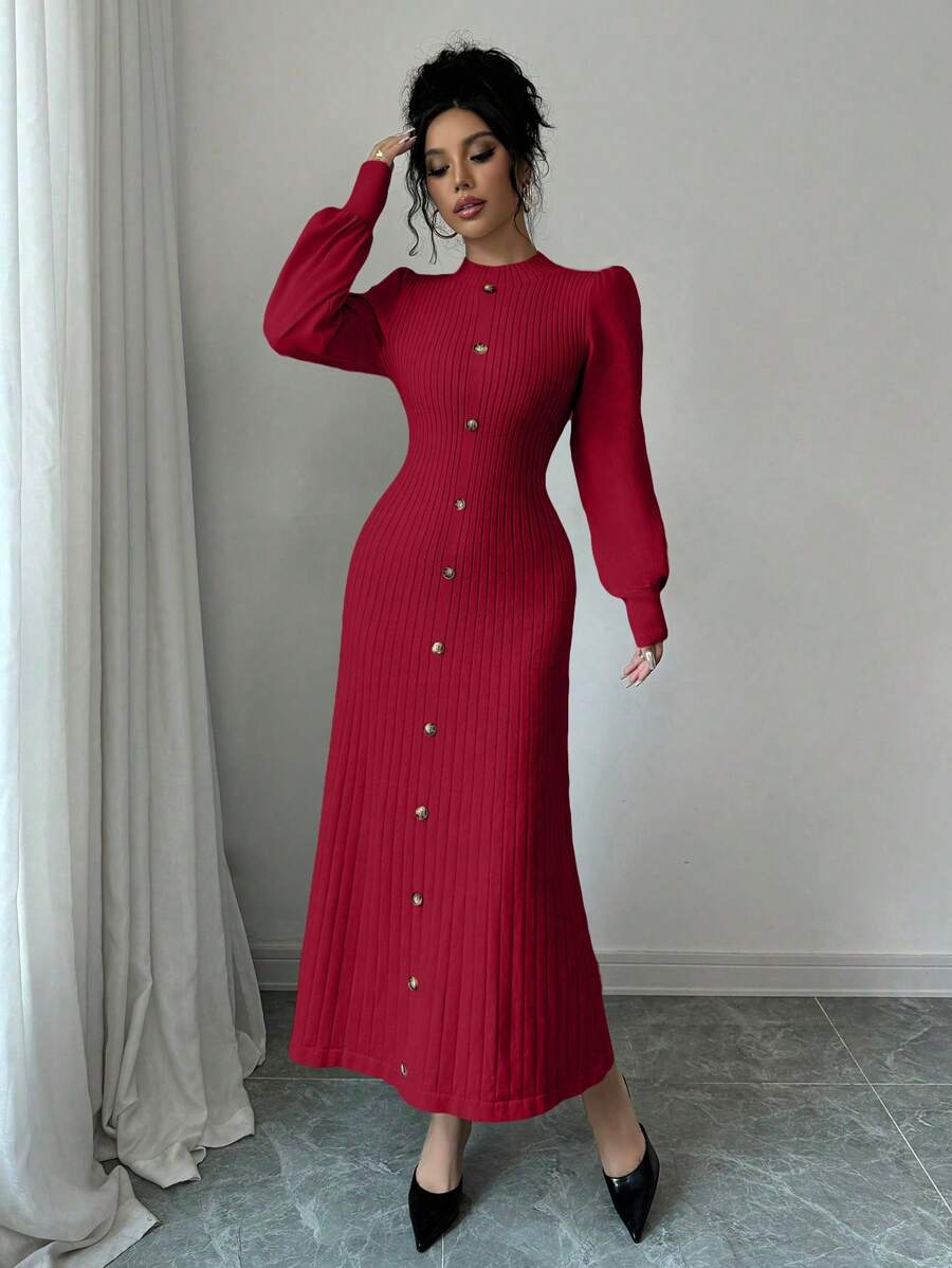 SHEIN Raffinéa فستان كنزة صوفية كاجوال أنيق بأزرار أمامية مخصر الخصر، للخريف والشتاء لملابس السنة الجديدة