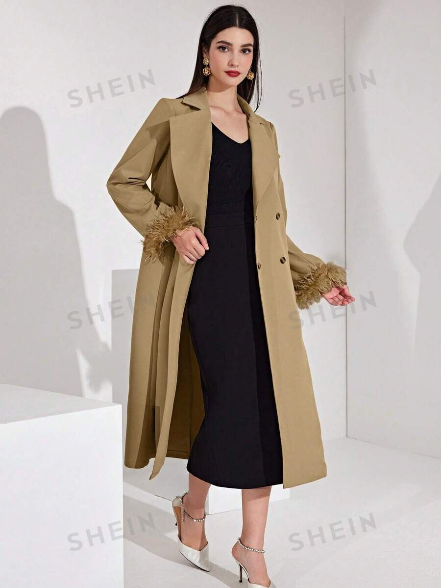 SHEIN Modely معطف نسائي بأزرار مزدوجة وأصفاد بكرات شعر مع تصميم لوحة الأقمشة المختلطة