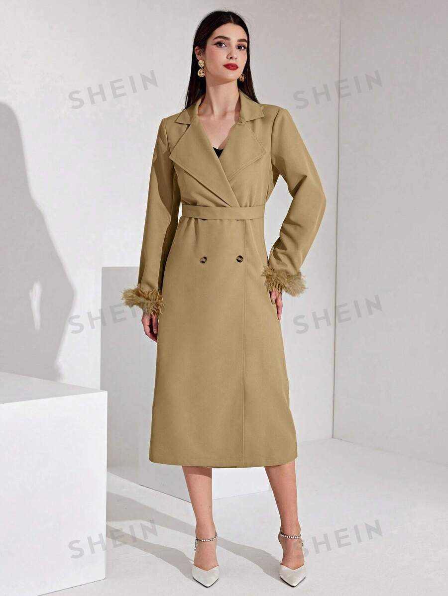 SHEIN Modely معطف نسائي بأزرار مزدوجة وأصفاد بكرات شعر مع تصميم لوحة الأقمشة المختلطة