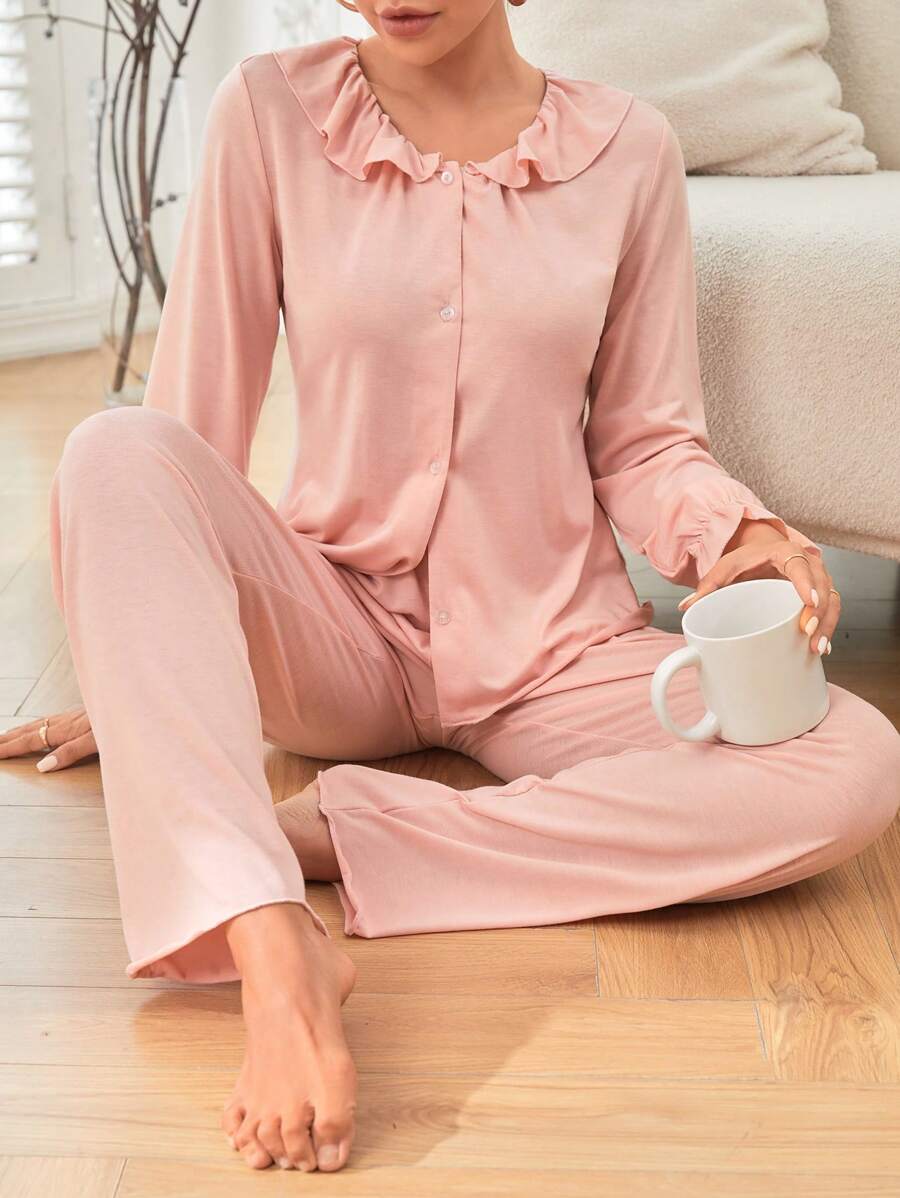 SHEIN طقم بيجامة نسائي بأزرار أمامية مزينة بحاشية من الكشاكش