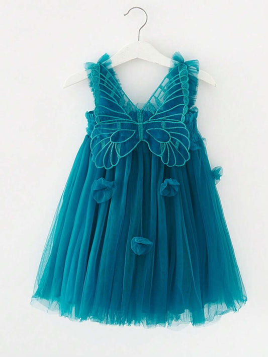 SHEIN Kids فستان أميرة شبكي للفتيات الصغيرات مزين بزهور وفراشات ثلاثية الأبعاد