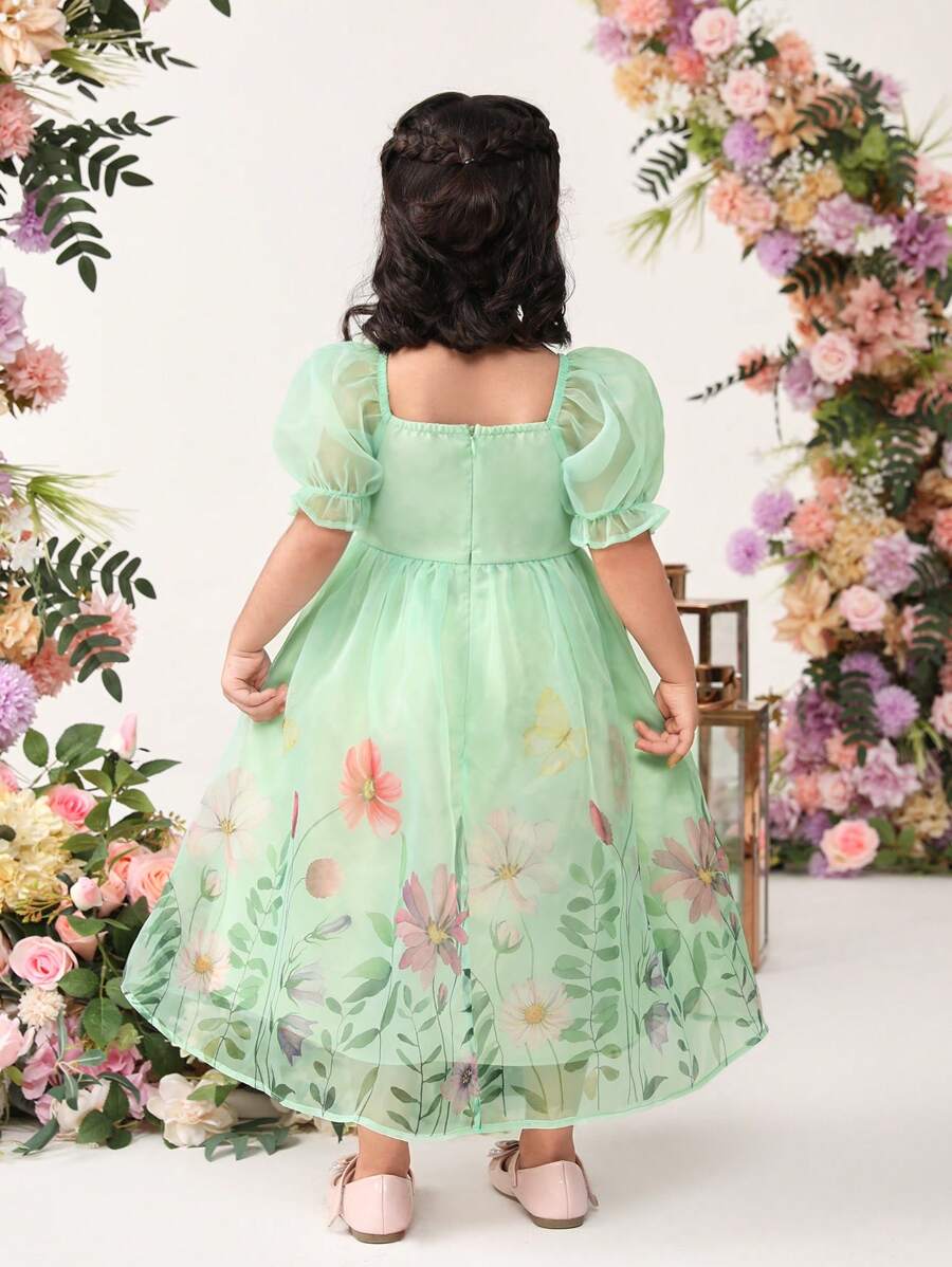 SHEIN فستان بنات طويل للفتاة الصغيرة بطبعة زهور لطيفة وأكمام منتفخة طويلة لقضاء العطلات