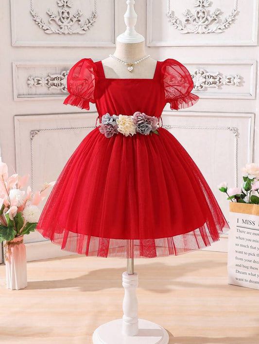 SHEIN Kids فستان بنات فتاة صغيرة بأكمام منتفخة وتطريز وتفاصيل من الشبكة