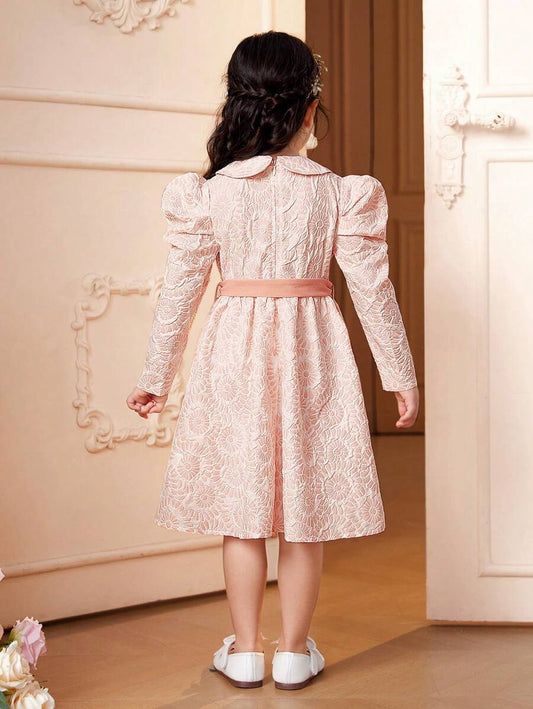 SHEIN Kids فستان بنات فتاة صغيرة بيتر بان طوق جيجوت أكمام بحزام