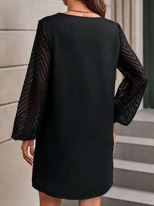 TEMU فستان بياقة شبكية متباينة بأكمام كاشفة لفصل الربيع والخريف