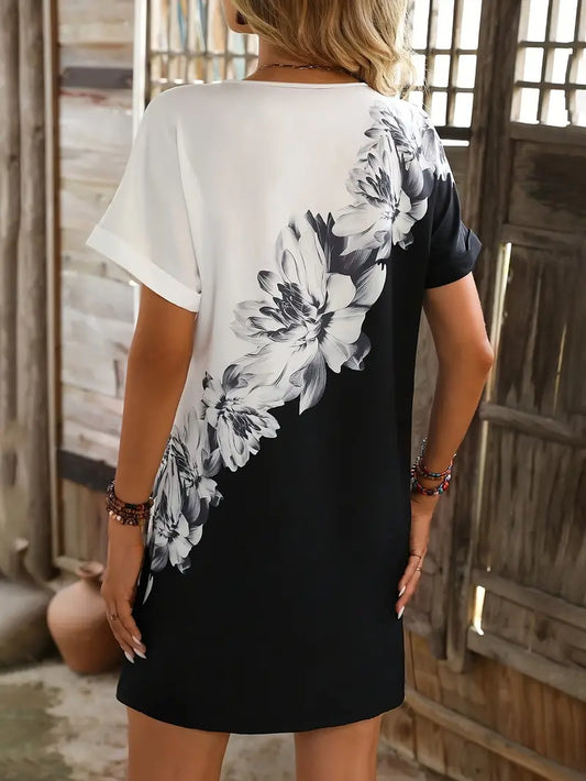 TEMU فستان بأكمام واسعة وسحاب أمامي بنقشة زهور بأكمام قصيرة وياقة