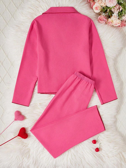 بيجاما بنات مجموعة من قطعتين، بسيطة وجميلة، بنطلون طويل وقميص نوم بأكمام طويلة مطرزة بكرز وردي مرجاني