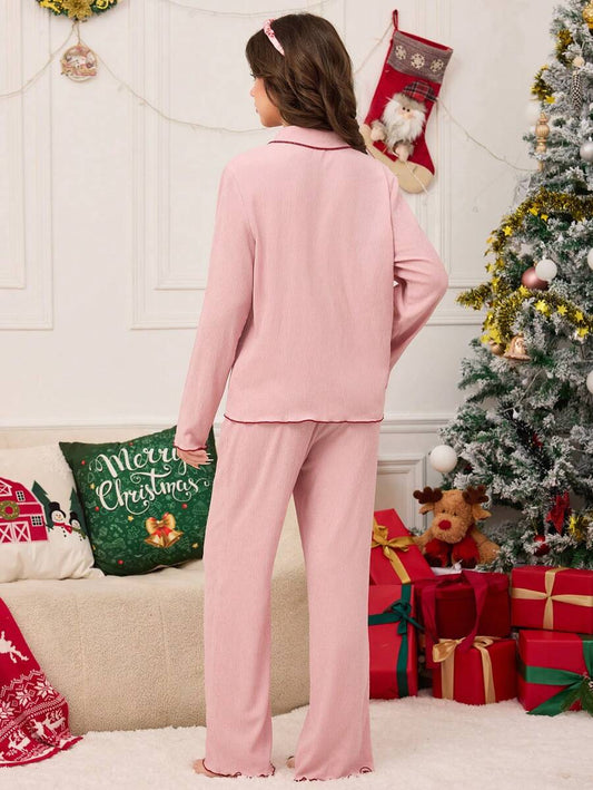 مجموعة بجامة لفتيات المراهقات مكونة من سترة وبنطلون في اللون الوردي بطرز اليدوي للكرز