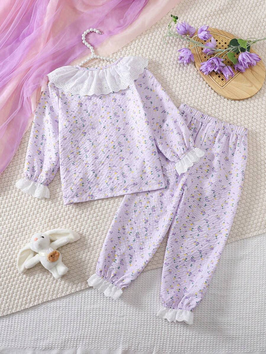 مجموعة بيجاما مريحة من ملابس علوية بأكمام طويلة وبنطلون بطبعة زهور صغيرة بسيطة وأنيقة للفتيات 2 قطعة