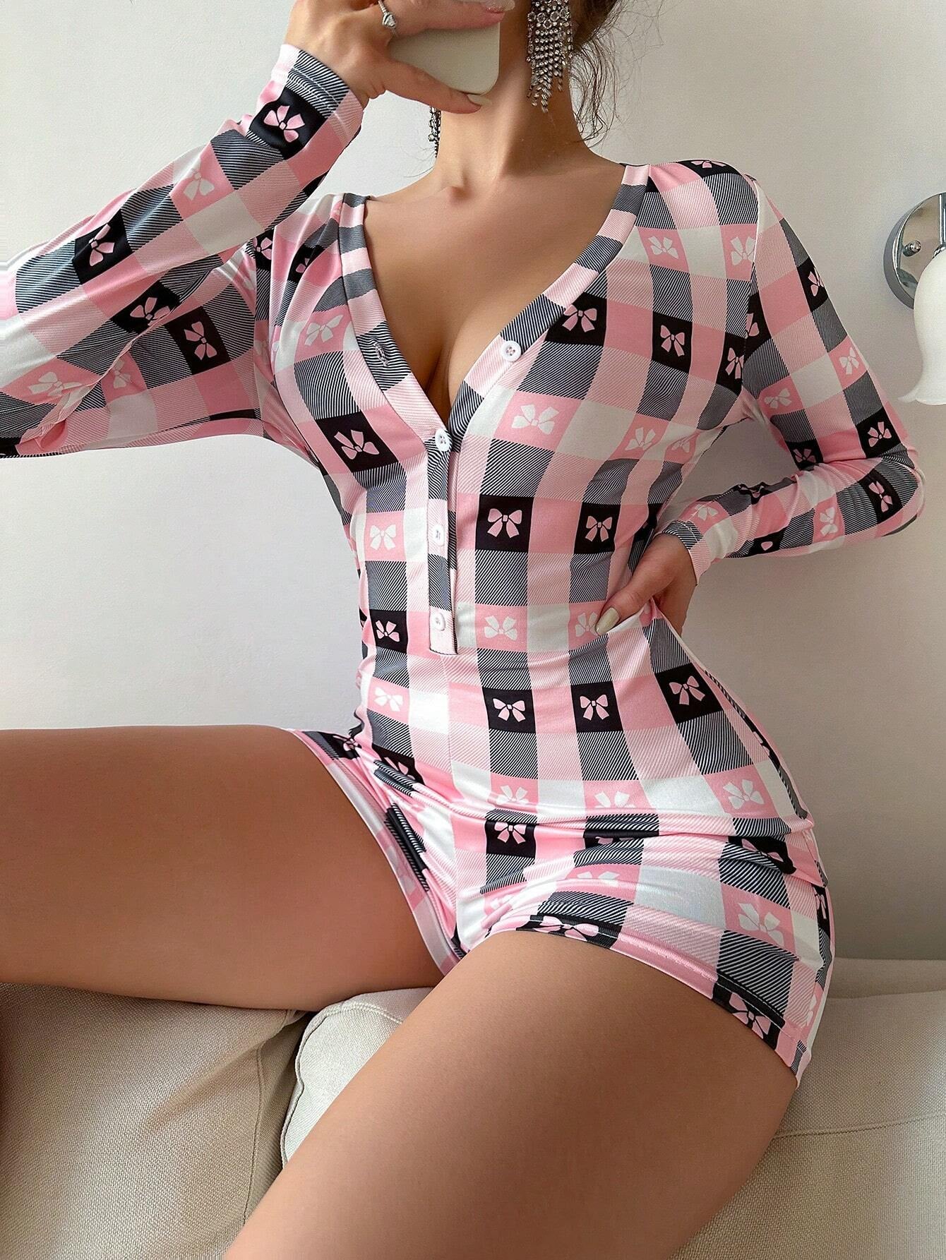 Women'S Plaid Bow Print Pajama Romper