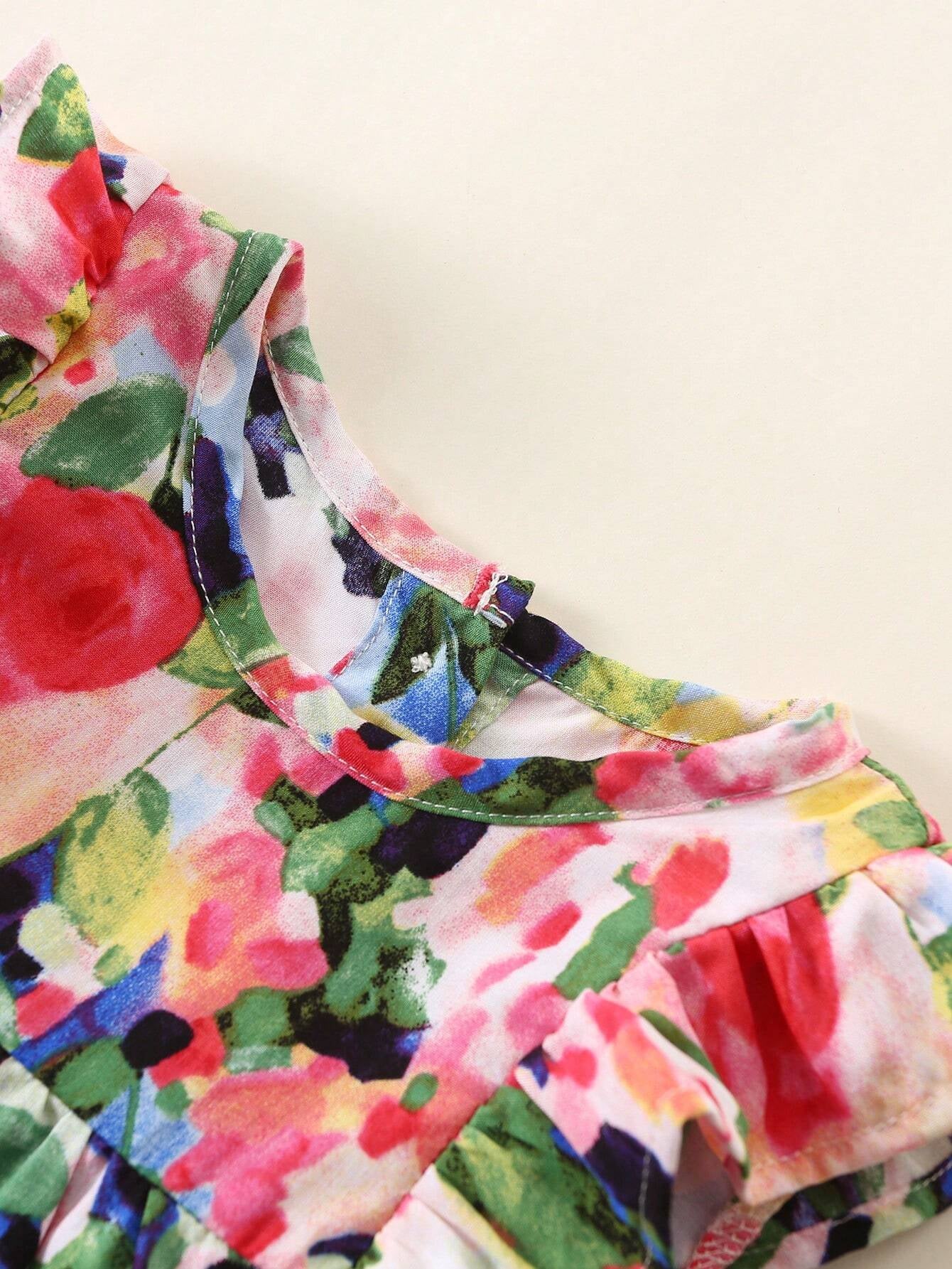 Baby Girl'S Full Print Floral Dress with Ruffled Hem and Headband