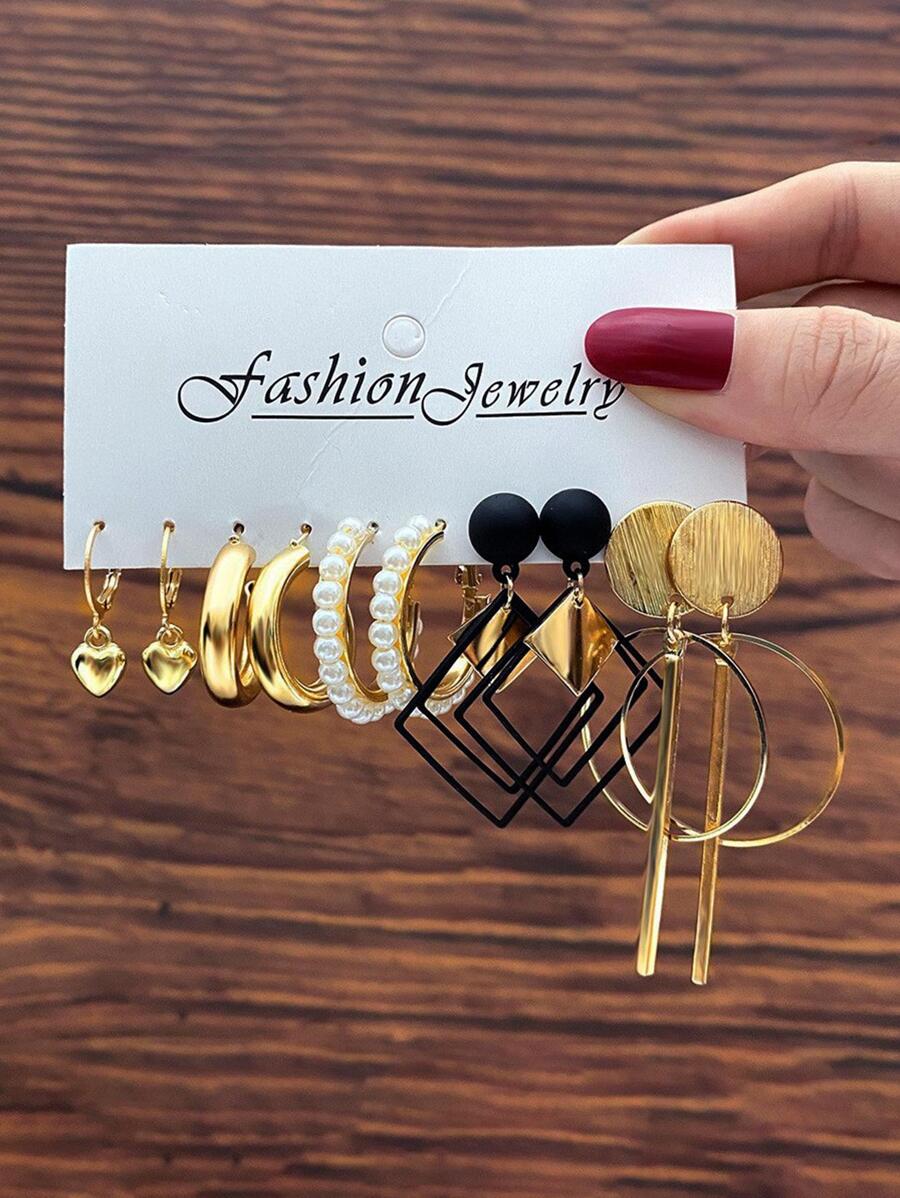 SHEIN أقراط نسائية 5 أزواج بتصاميم قلب ولؤلؤ