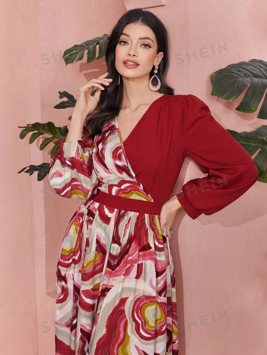 SHEIN Modely فستان نسائي بأكمام فانوسية و قطع ورقية مطبوعة
