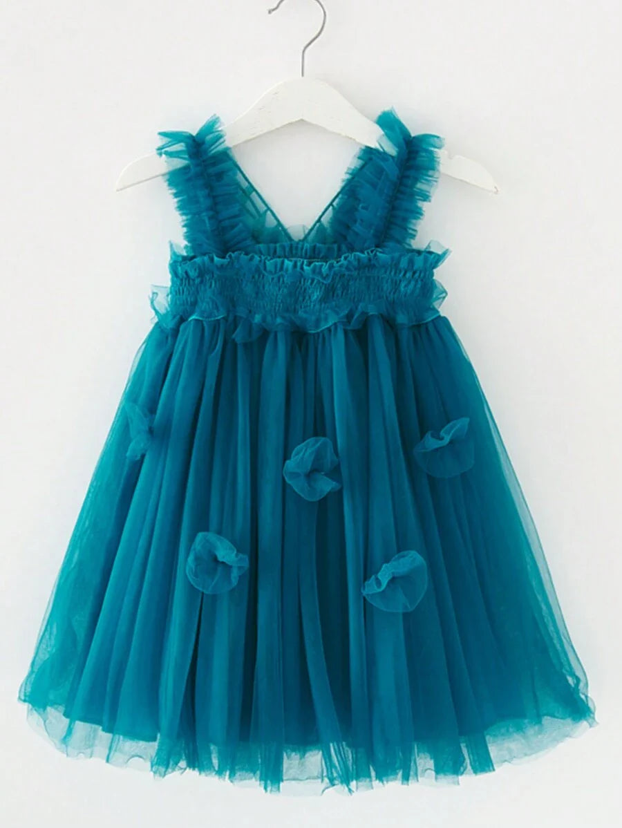 SHEIN Kids فستان أميرة شبكي للفتيات الصغيرات مزين بزهور وفراشات ثلاثية الأبعاد
