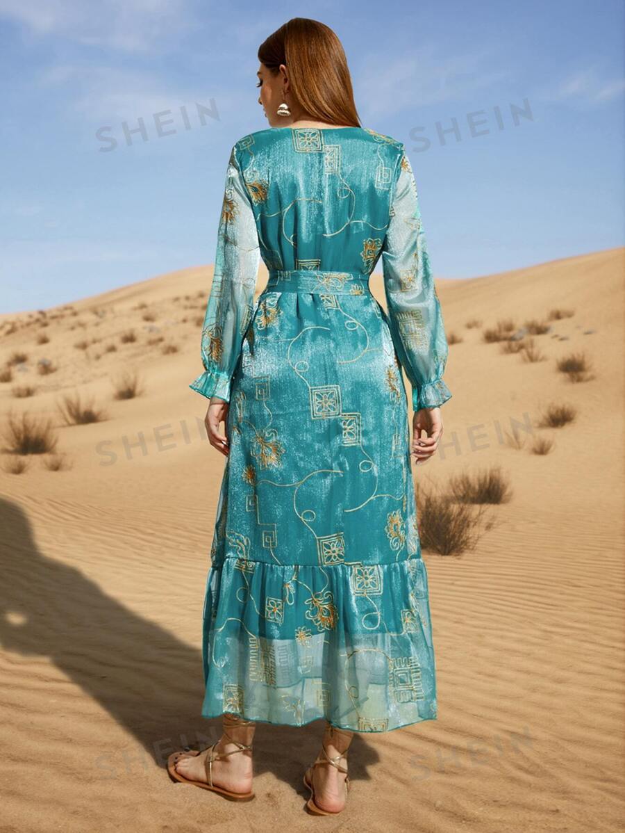 SHEIN Najma فستان نسائي قفطان تطريز نقش الزهور مع أكمام بتنورة متدلية وحزام
