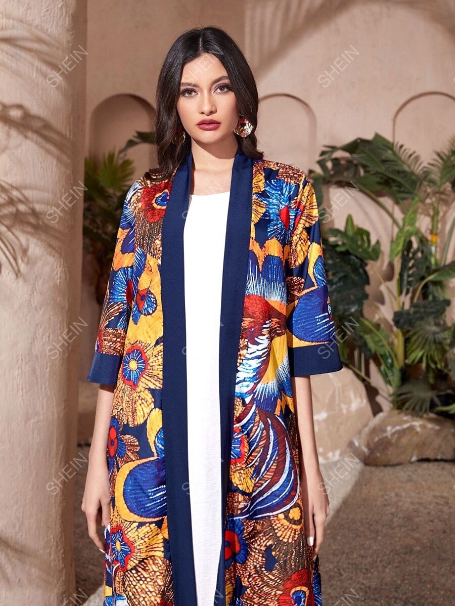 SHEIN Najma عباءة بطبعة الزهور مفتوحة من الأمام