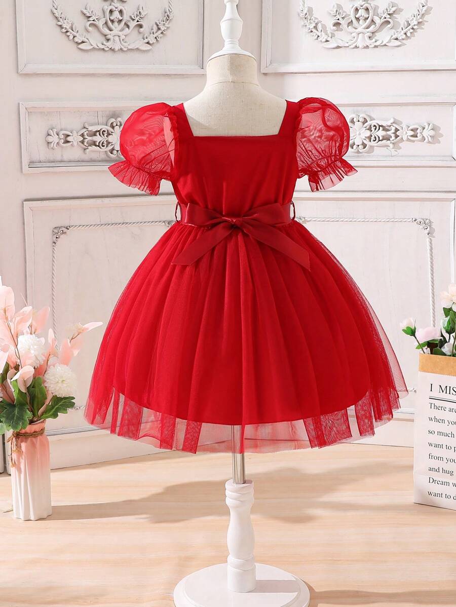 SHEIN Kids فستان بنات فتاة صغيرة بأكمام منتفخة وتطريز وتفاصيل من الشبكة