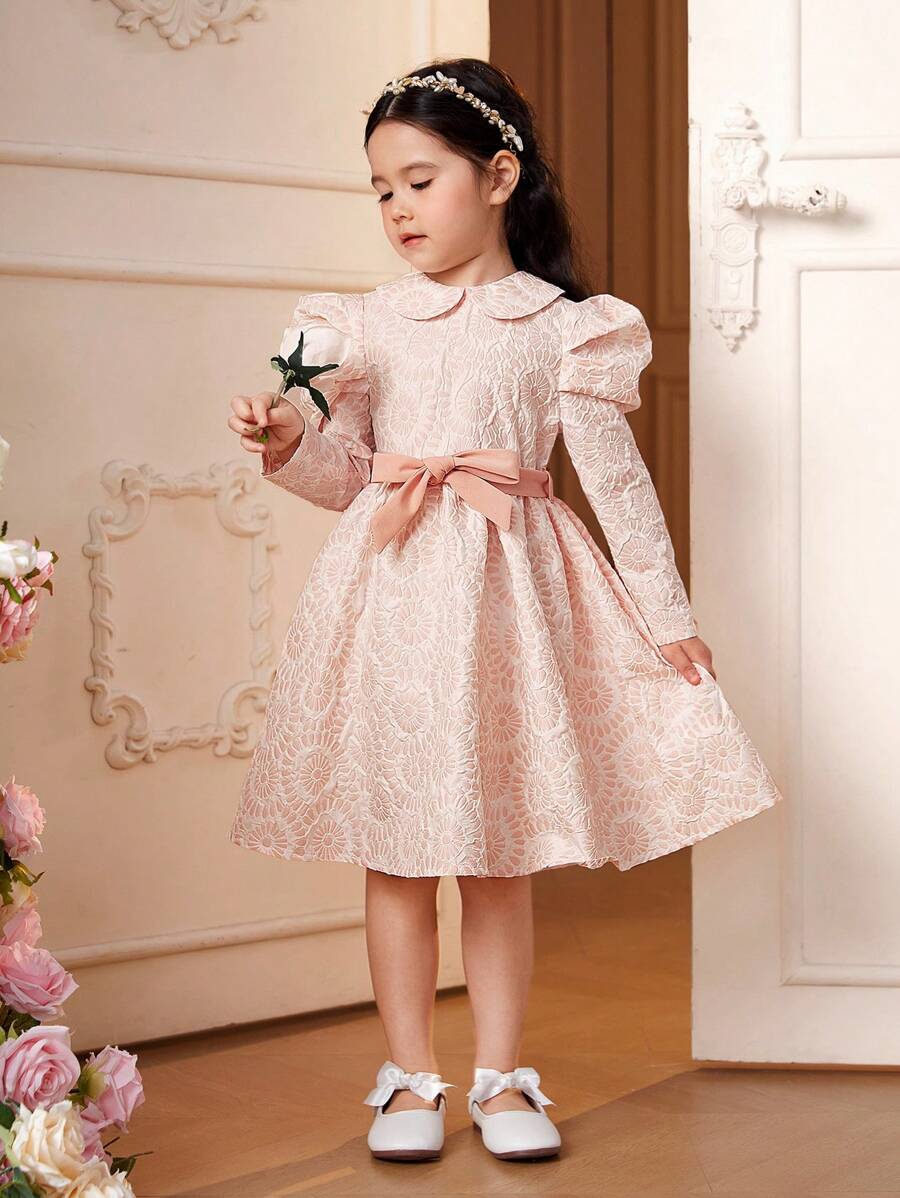 SHEIN Kids فستان بنات فتاة صغيرة بيتر بان طوق جيجوت أكمام بحزام