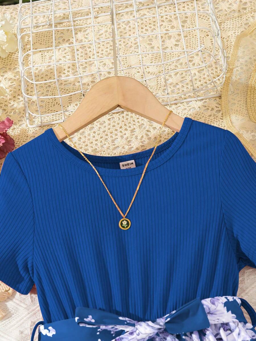 SHEIN Kids EVRYDAY فستان بنات ماكسي للفتاة المتوسطة العمر بتصميم أنيق يجمع بين الألوان القوية والطبعات الزهرية