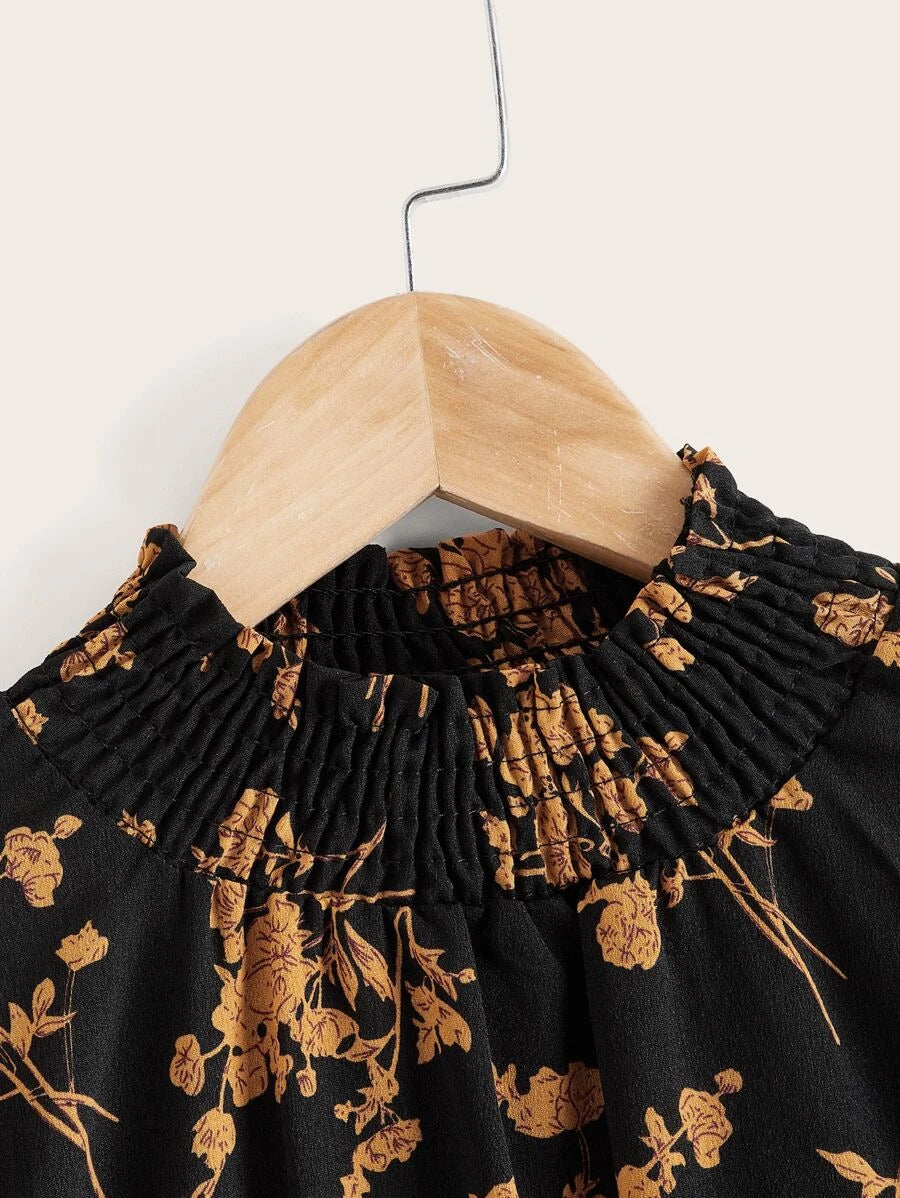 SHEIN Kids فستان بنات بأكمام كشكش طويلة وياقة مطاطية