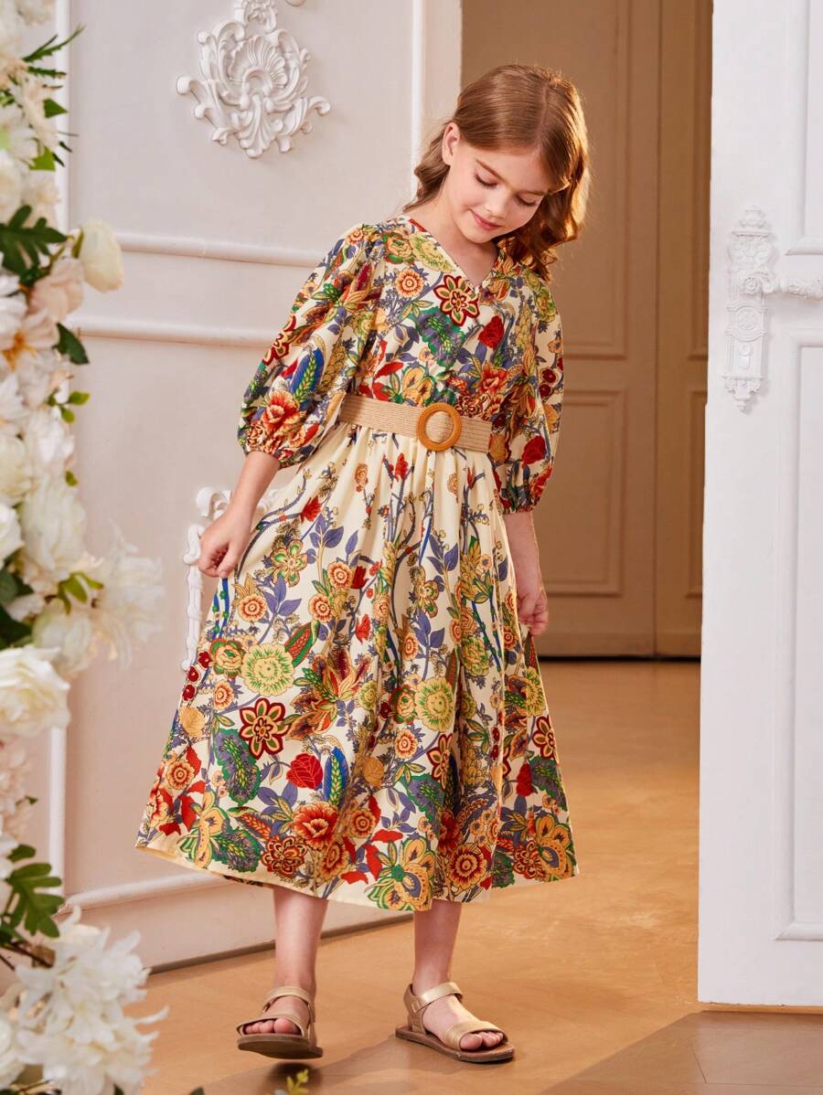 SHEIN Kids فستان بنات طباعة زهرية بأكمام قنديل مشدودة
