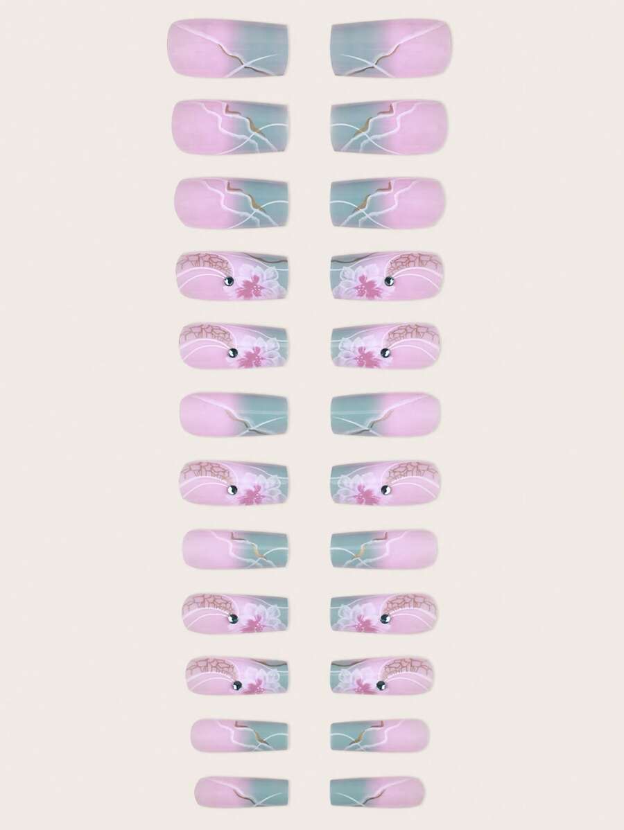 أظافر باليه باللون الوردي والأخضر المنعش متوسطة الحجم 24 قطعة + 1 قطعة من غراء ا