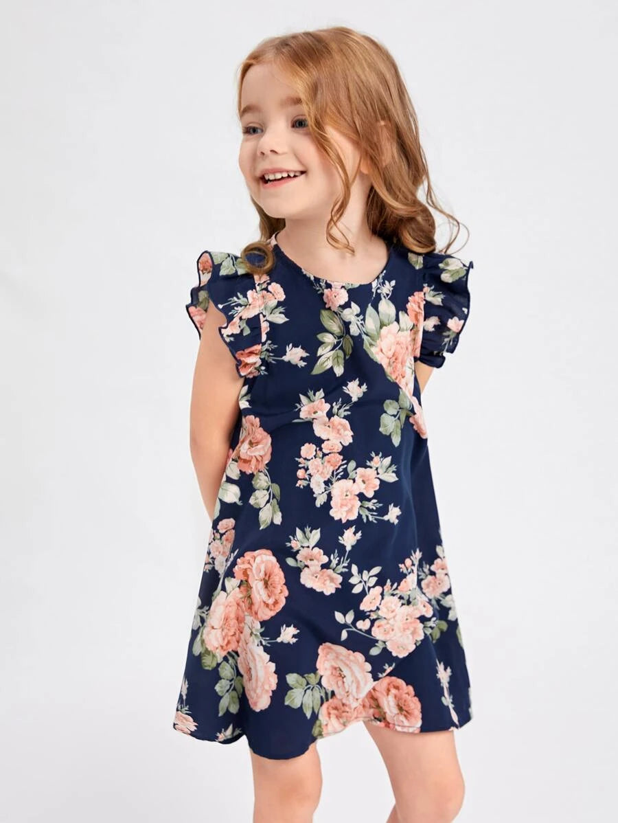 SHEIN Kids فستان بنات فتيات صغيرة بطبعة زهور وأكمام فراشة