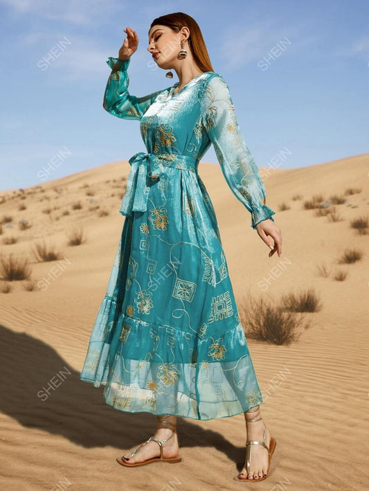 SHEIN Najma فستان نسائي قفطان تطريز نقش الزهور مع أكمام بتنورة متدلية وحزام