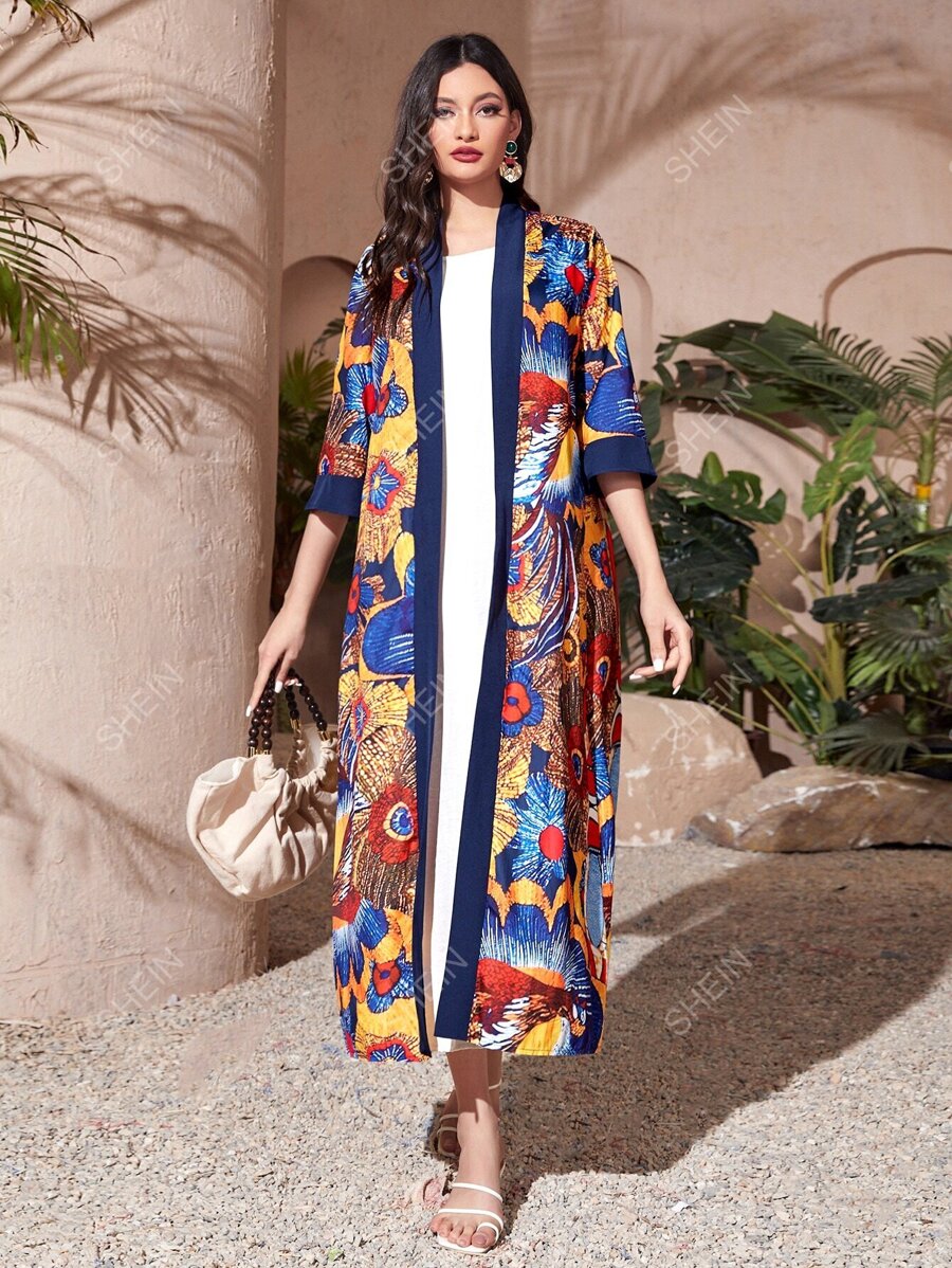 SHEIN Najma عباءة بطبعة الزهور مفتوحة من الأمام