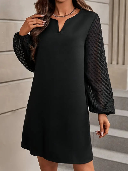 TEMU فستان بياقة شبكية متباينة بأكمام كاشفة لفصل الربيع والخريف