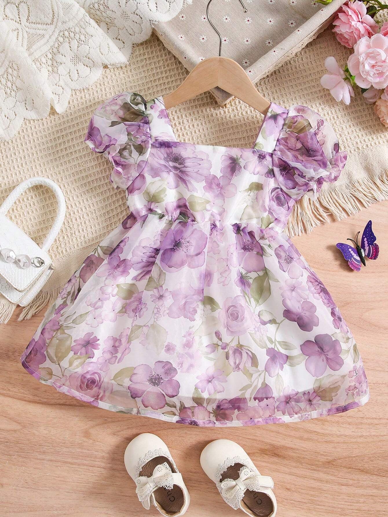 Baby Girls' Rose Printed Organza Bubble Sleeve Dress