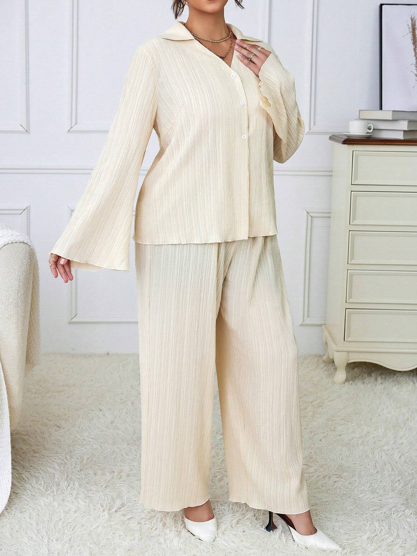 Essnce plus Solid Button Front Shirt & Wide Leg Pants