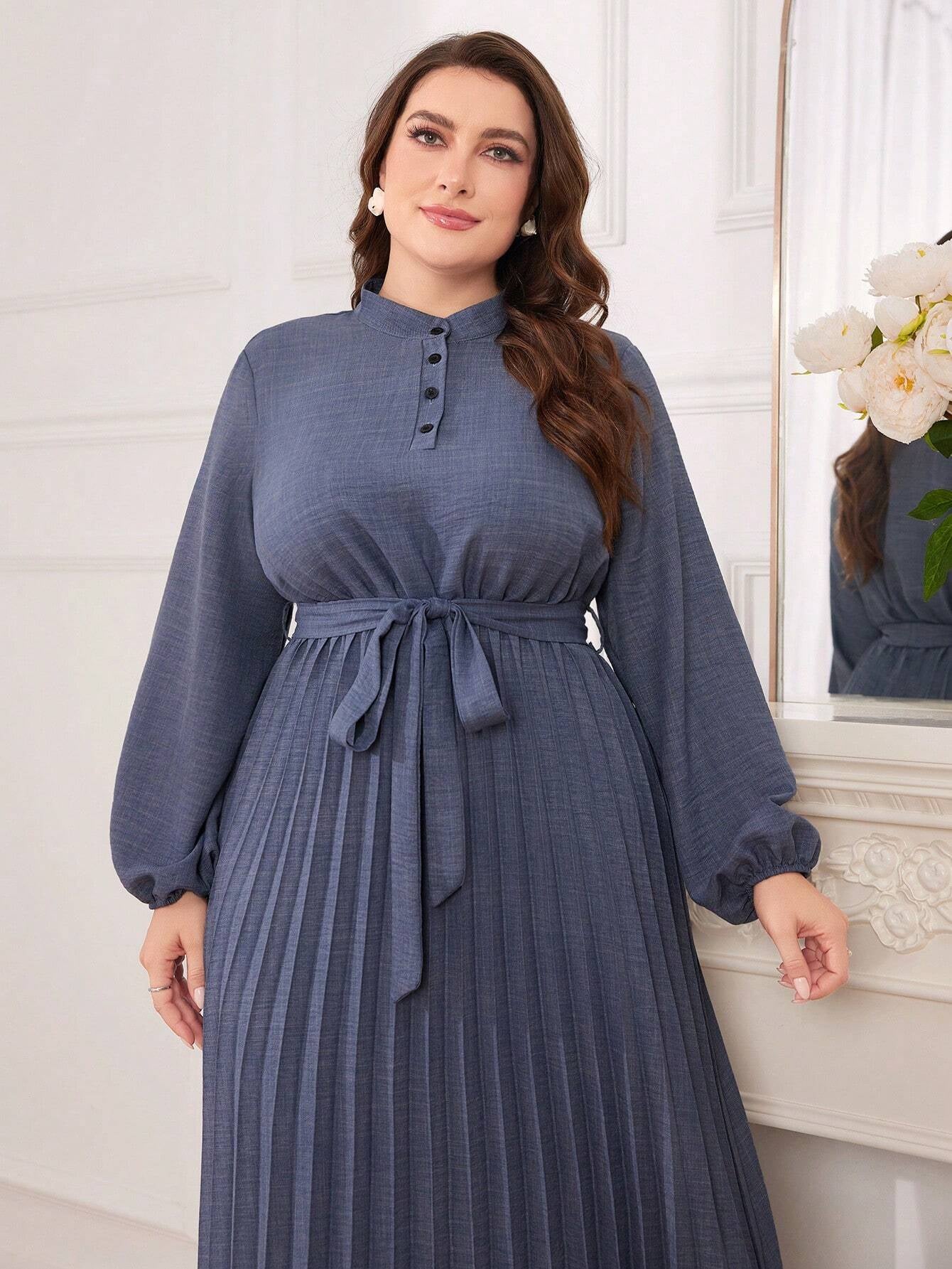 Modely Women'S plus Size Lantern Sleeve Belted Dress