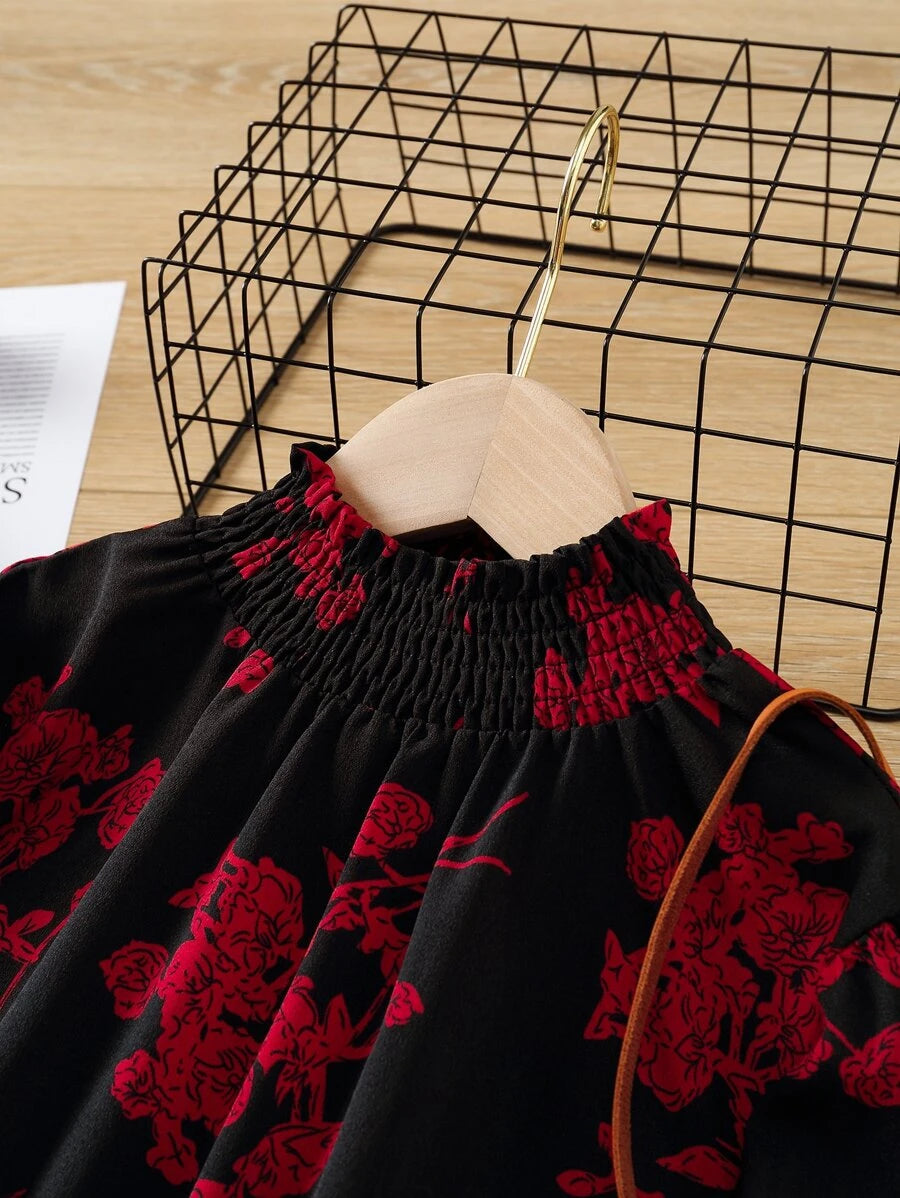 SHEIN EVRYDAY Kids فستان بنات طويل بياقة قميصية وأكمام بنمط جرس مزين بطبعات زهرية على كامل الفستان