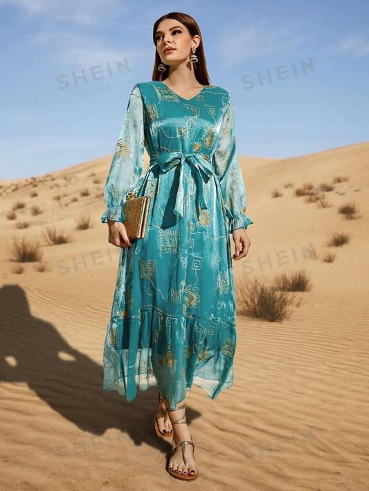 SHEIN Najma فستان نسائي قفطان تطريز نقش الزهور مع أكمام بتنورة متدلية وحزام