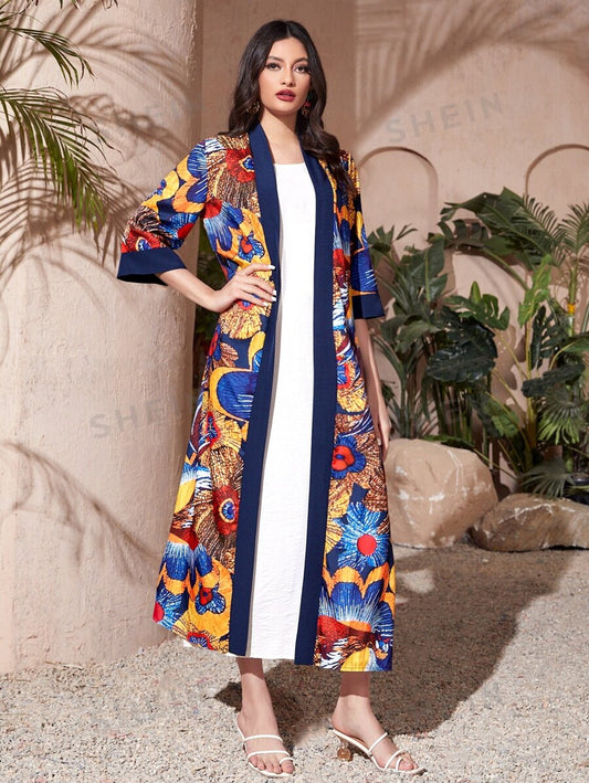 SHEIN Najma عباءة بطبعة الزهور مفتوحة من الأمام