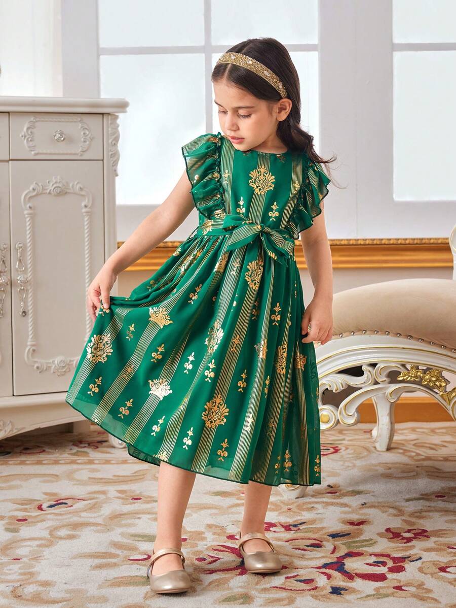 SHEIN Kids فستان بنات صيفي جديد للبنات الصغيرات مع حرفية ورق الذهب، فستان بأسلوب القصر العتيق الفاخر