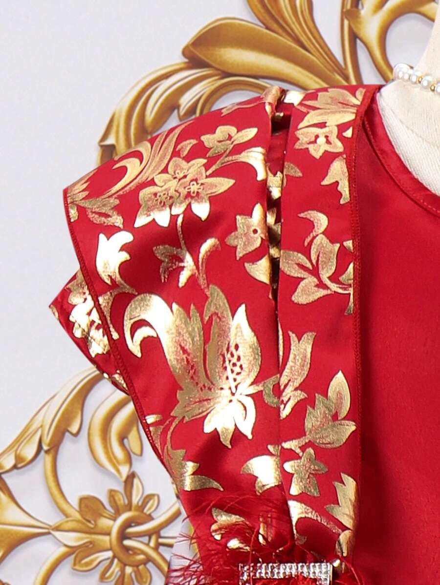 SHEIN Kids فستان بنات زهري مطبوع للفتاة الصغيرة بياقة مستديرة مع تفاصيل ذهبية من الفويل