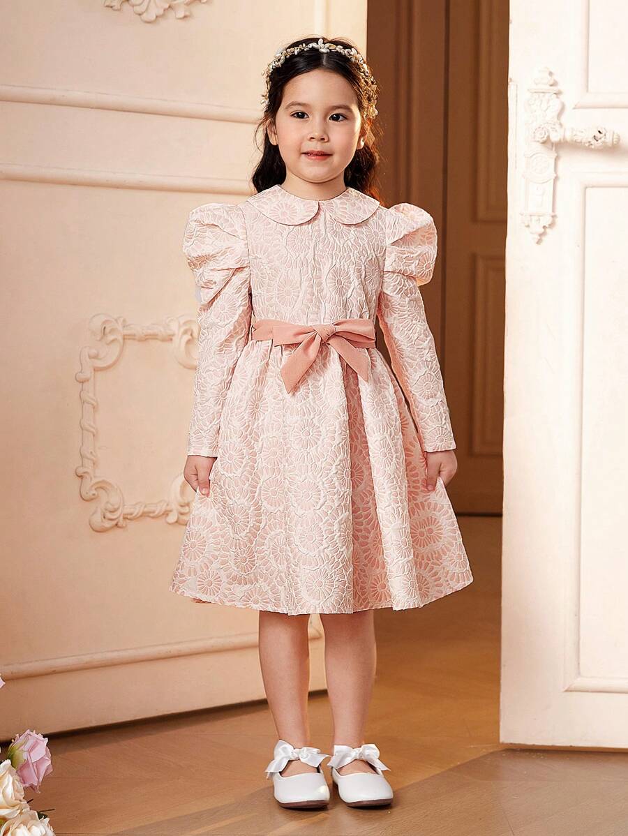 SHEIN Kids فستان بنات فتاة صغيرة بيتر بان طوق جيجوت أكمام بحزام