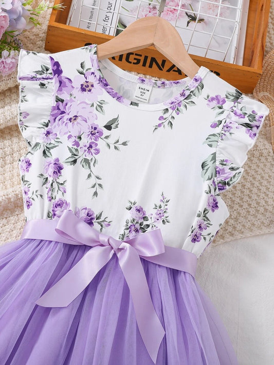 SHEIN Kids CHARMNG فستان بنات فتيات مراهقات طبعات زهور مع تقليم روفل وحاشية من الشبكة