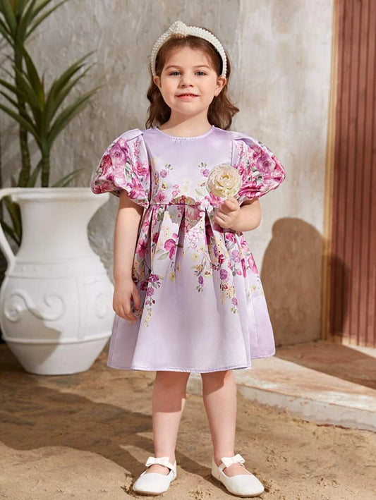 SHEIN Kids فستان بنات نقش الزهور بأكمام منتفخة للفتيات الصغيرات