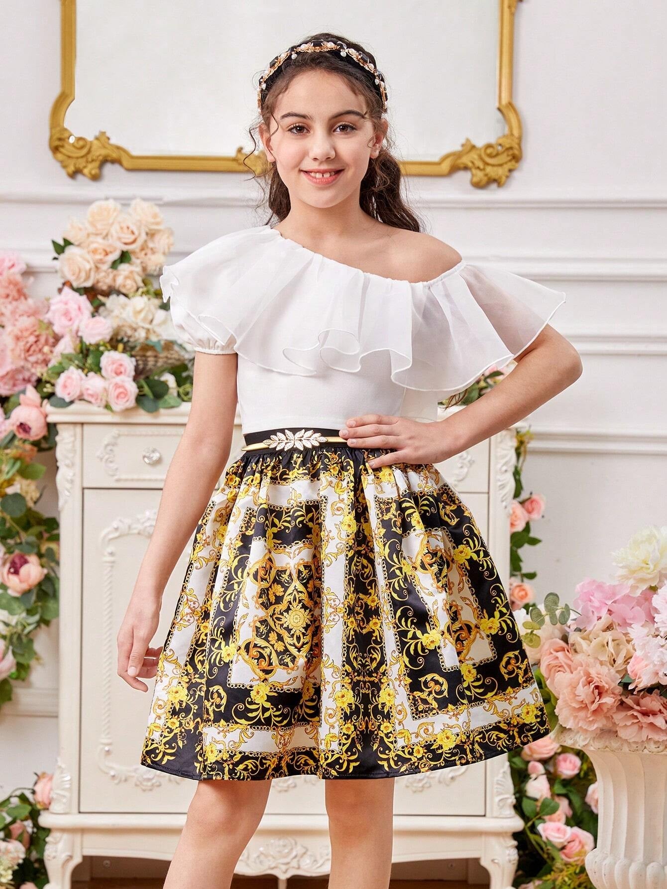 Tween Girls' One Shoulder Ruffle Trim Top & Vintage Flower Patterned Skirt Set