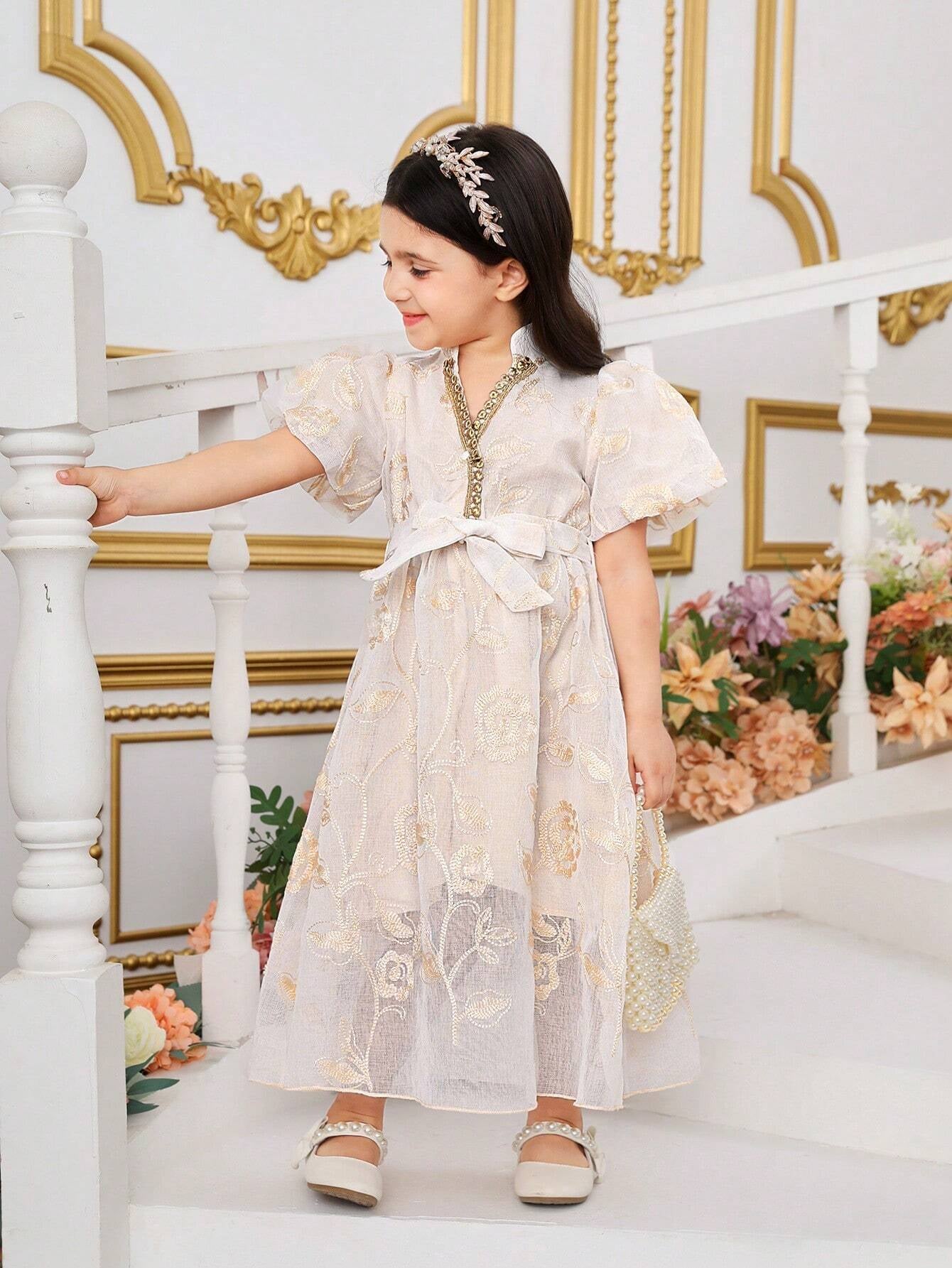 Young Girl'S Elegant Embroidered Lantern Sleeve Long Dress
